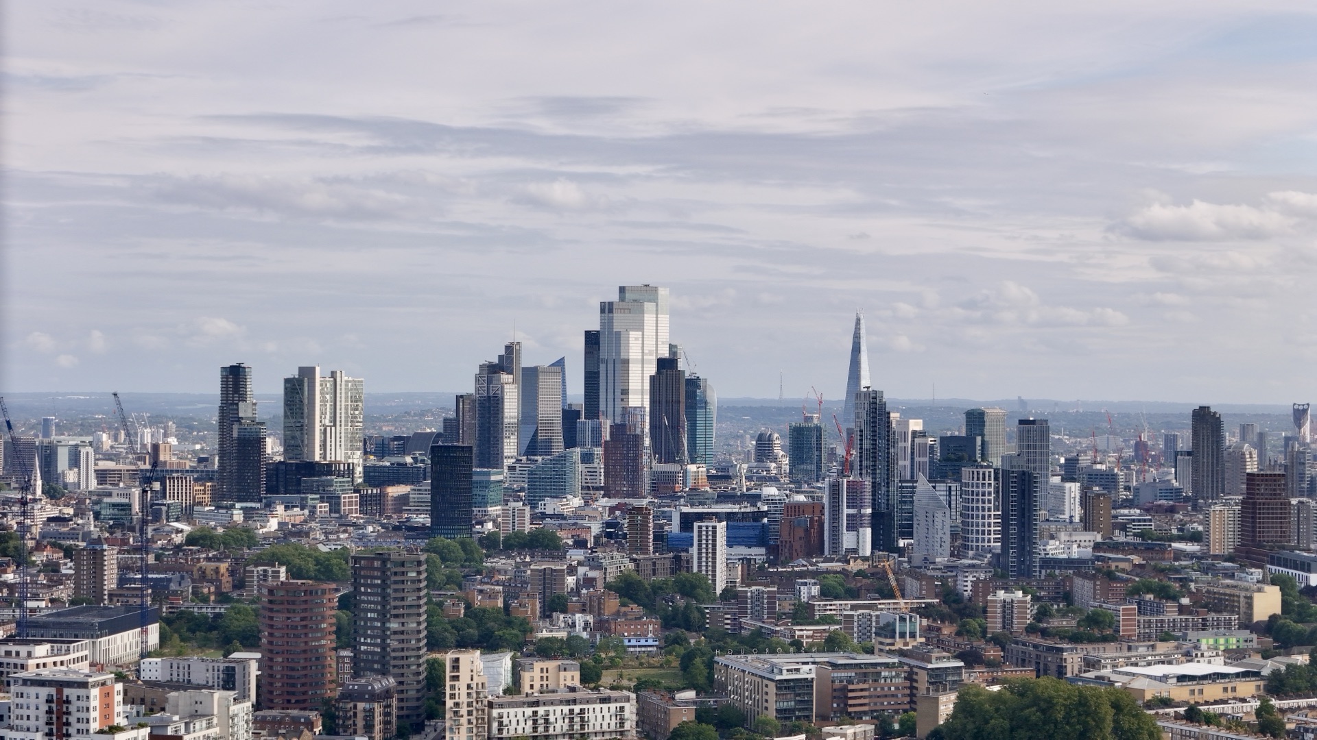 Aerial view of London skyline with The Shard